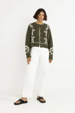 Rhythm Fleece*Antique Floral Crop Cardigan Olive