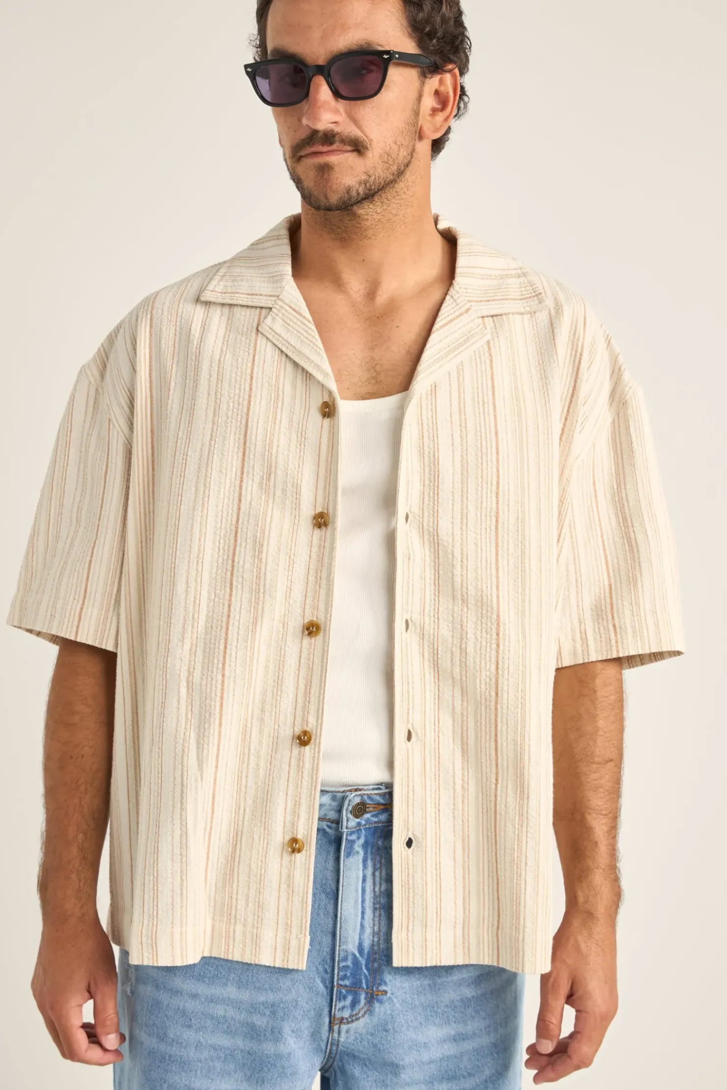 Rhythm Woven Shirts*Benny Relaxed Stripe Ss Shirt Cream