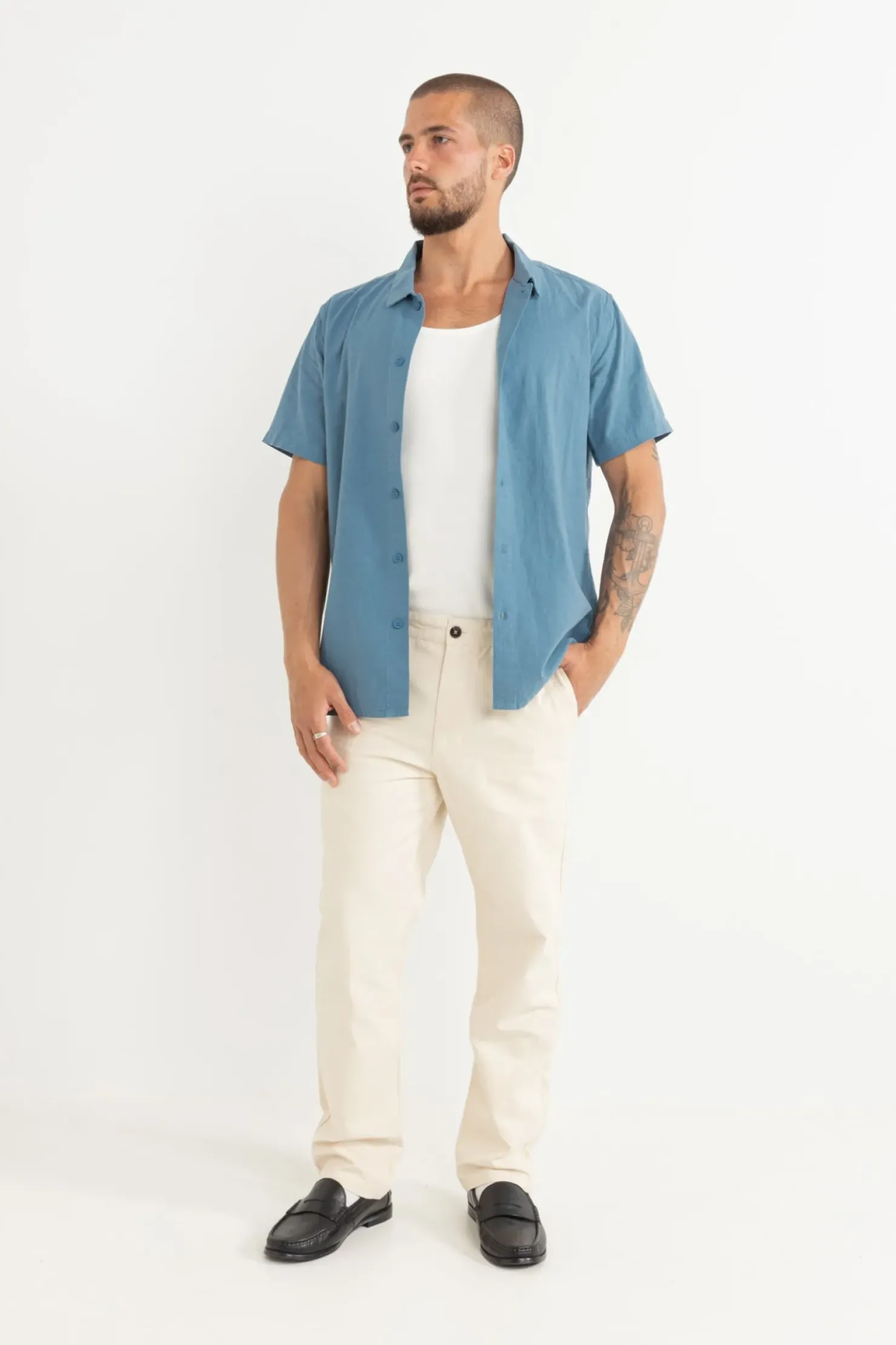 Rhythm Woven Shirts*Classic Linen Ss Shirt Mineral Blue MineralBlue