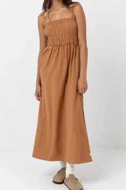 Rhythm Dresses*Classic Shirred Midi Dress Caramel