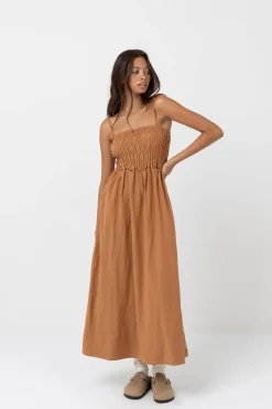 Rhythm Dresses*Classic Shirred Midi Dress Caramel