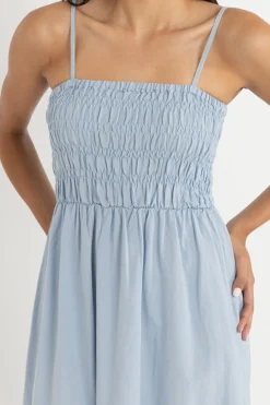 Rhythm Dresses*Classic Shirred Midi Dress Blue