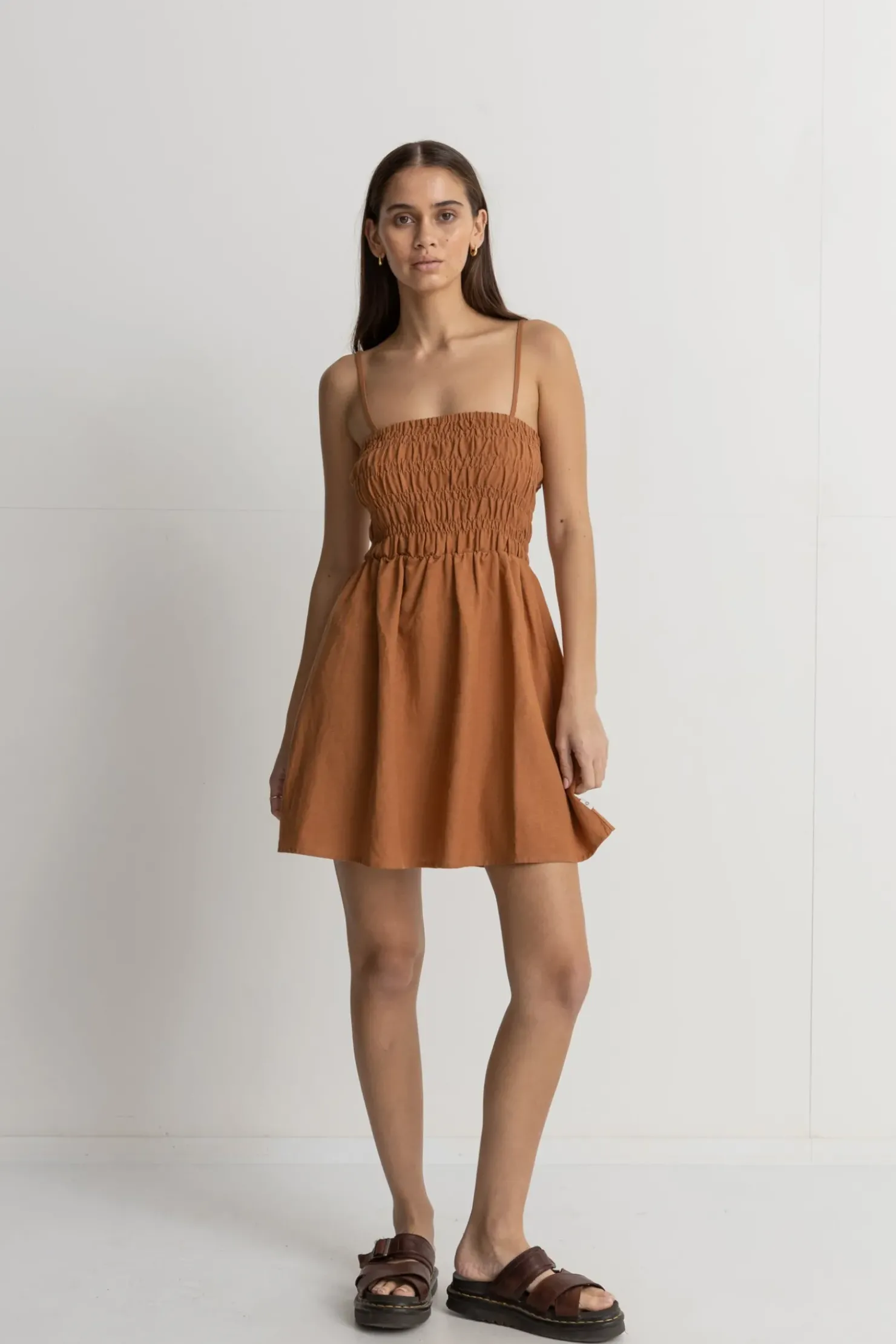 Rhythm Dresses*Classic Shirred Mini Dress Caramel