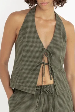 Rhythm Fashion Tops*Louise Check Halter Top Olive