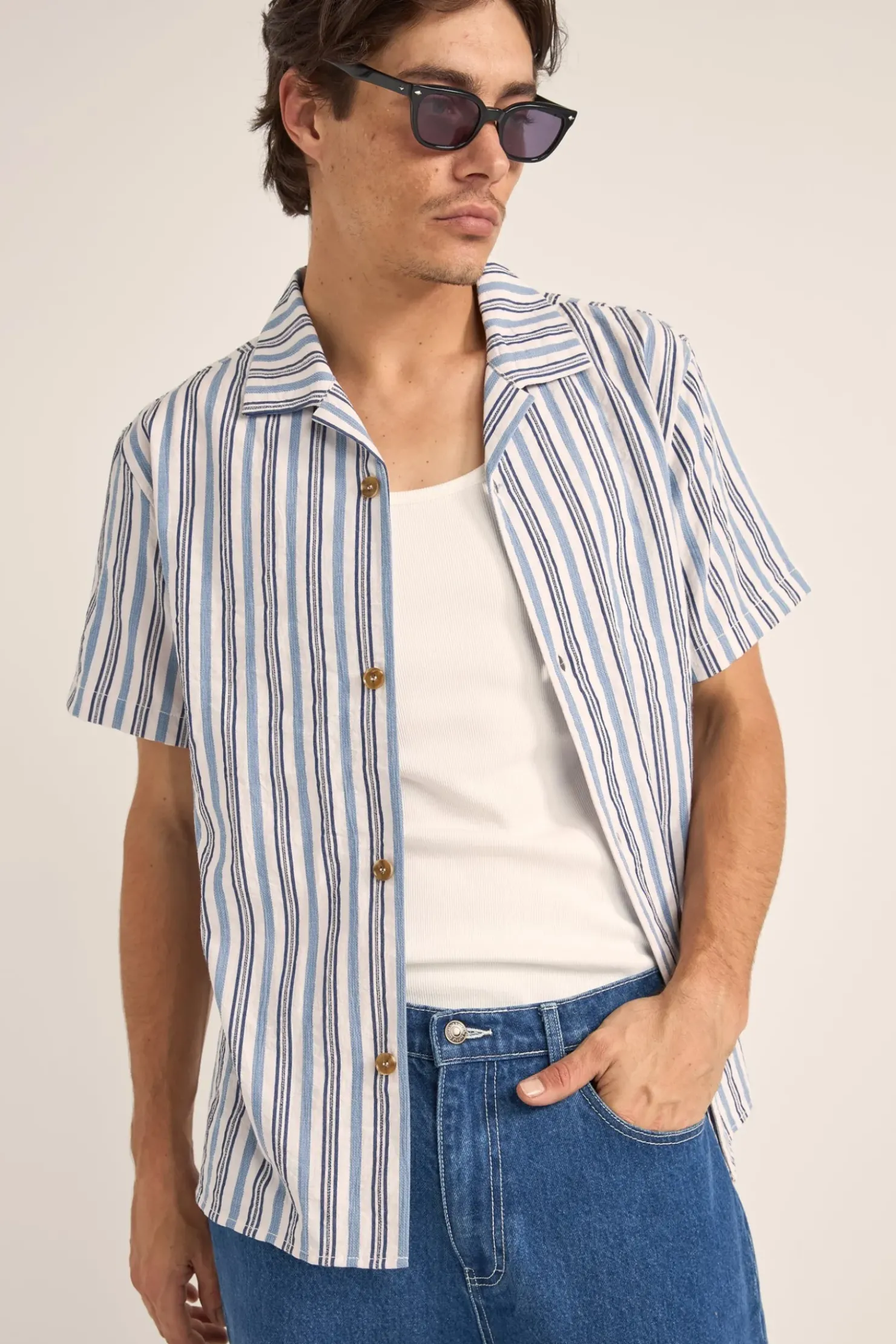 Rhythm Woven Shirts*Vacation Stripe Ss Shirt Blue