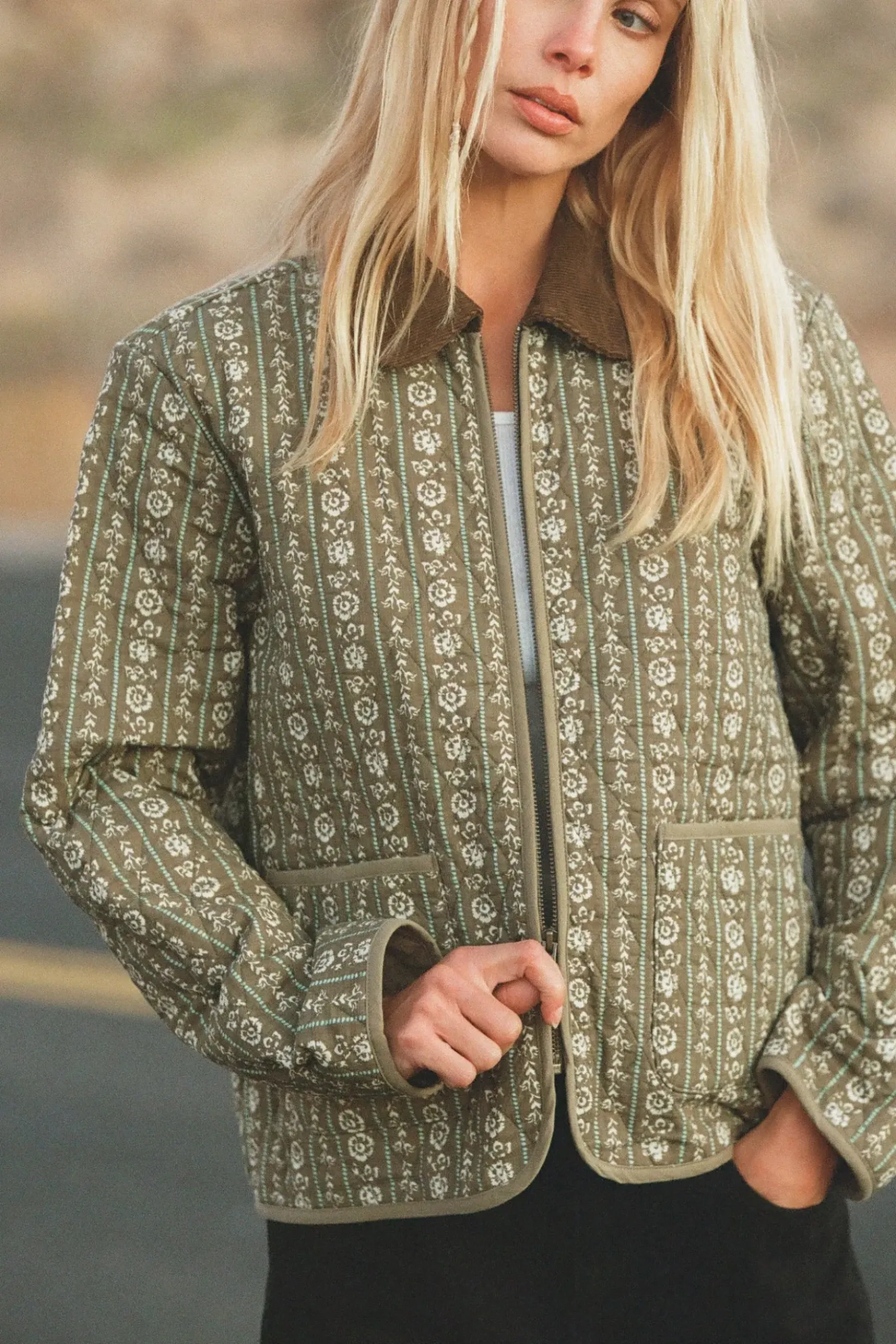 Rhythm Jackets*Vintage Floral Quilted Jacket Dusty Olive