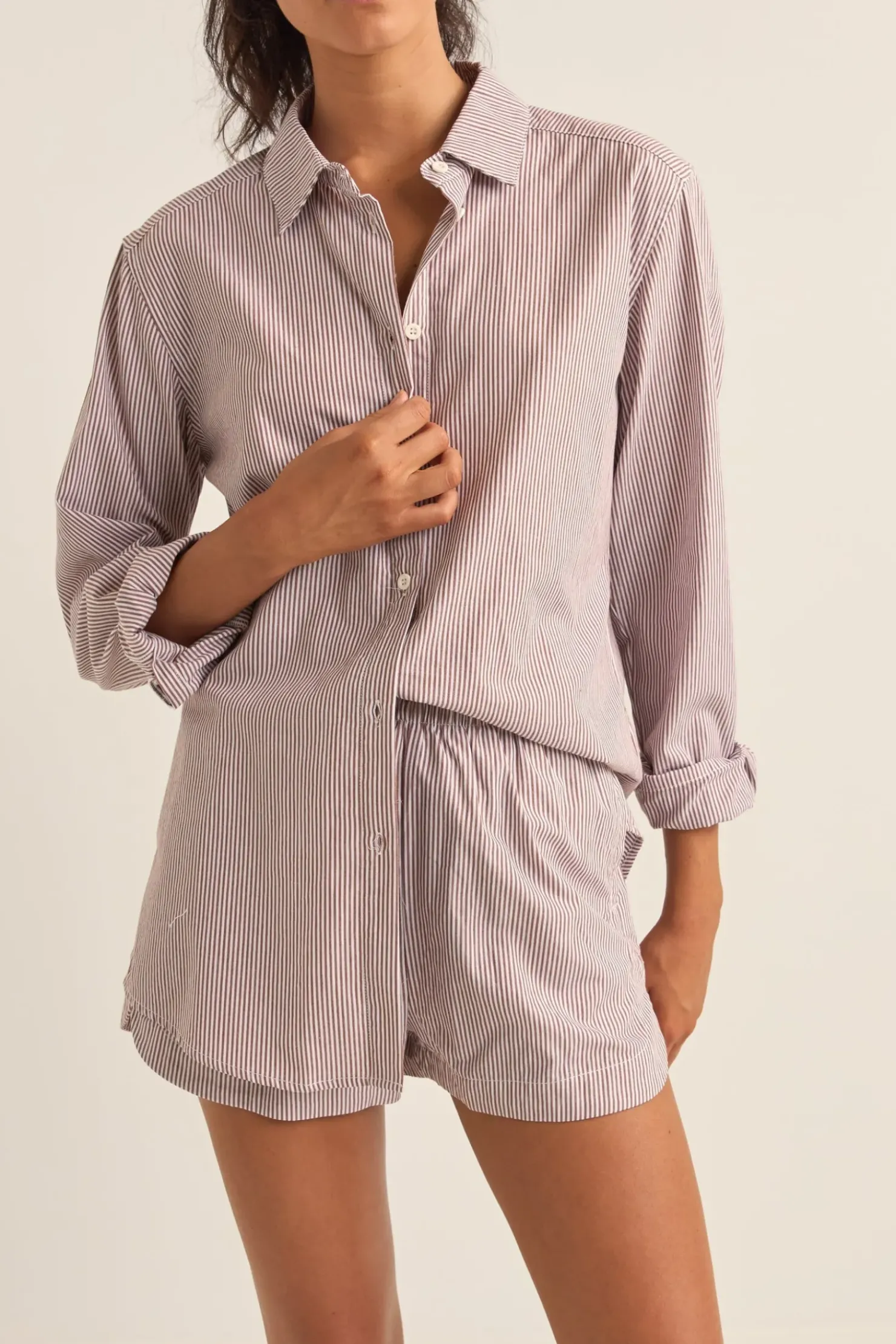 Rhythm Overswim|Fashion Tops*Zephyr Stripe Beach Shirt Chocolate