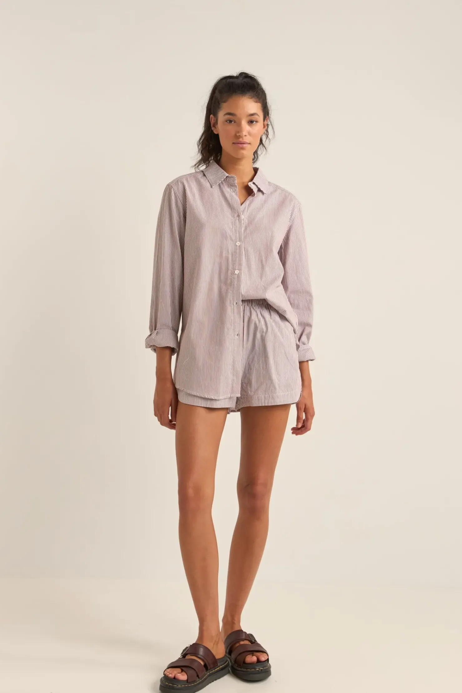 Rhythm Overswim|Fashion Tops*Zephyr Stripe Beach Shirt Chocolate